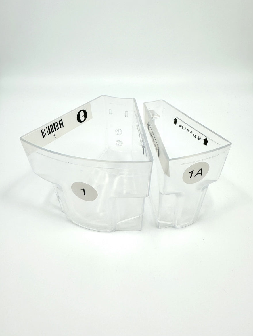 Two clear plastic MedaCube bins on a white background. One large clear MedaCube bin and one standard MedaCube bin highlighting the size difference.