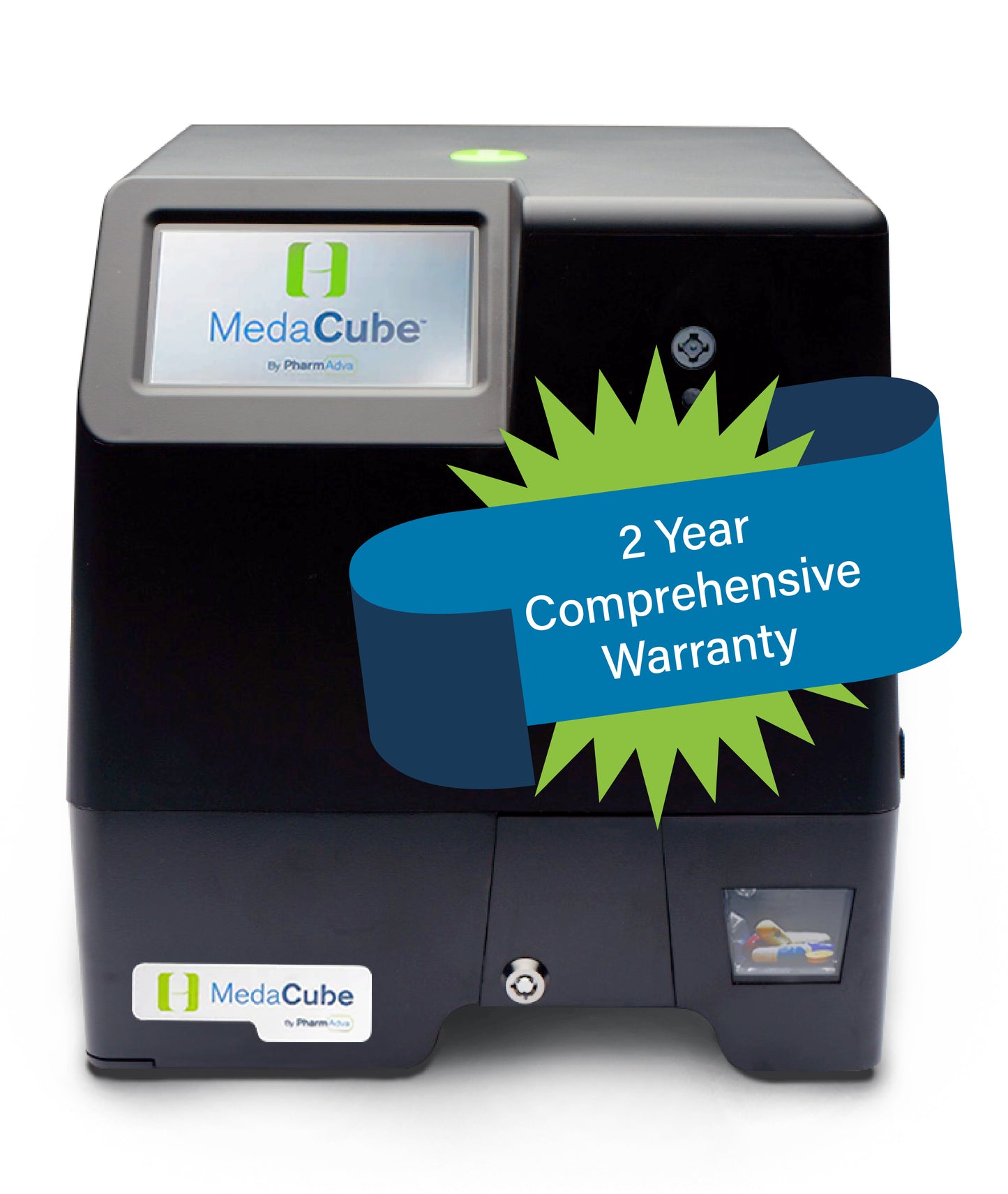 MedaCube device showcasing its optional 2-Year Comprehensive Warranty with prominent blue warranty banner.