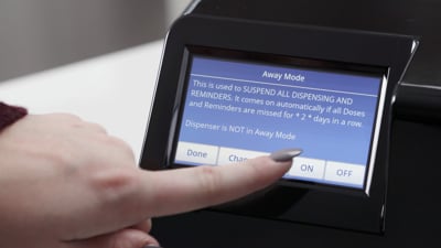 MedaCube screen displaying the MedaCubes away mode functionality to disable dispensing while away.