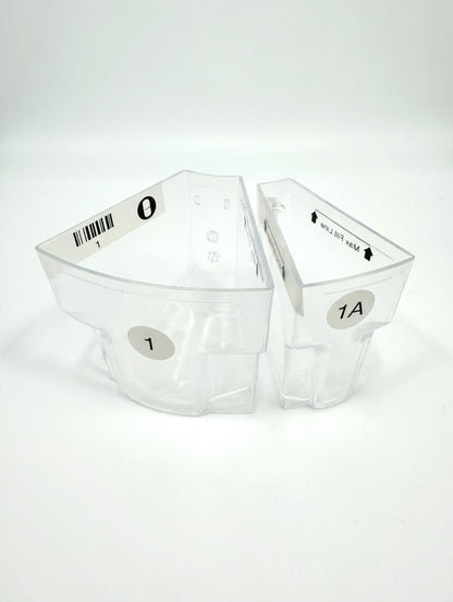 Two clear plastic MedaCube bins on a white background. One large clear MedaCube bin and one standard MedaCube bin highlighting the size difference.