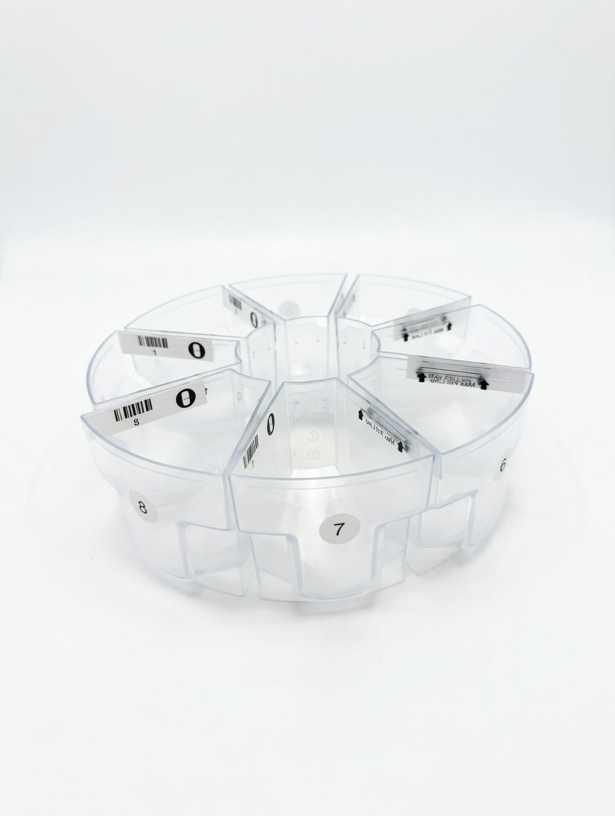 Set of clear plastic MedaCube bin containers with numbered labels on a white background laid out in a circle