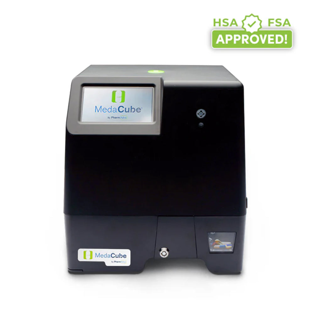 Black device labeled 'MediaCube' with 'HSA FSA Approved!' and 'Designed and Assembled in the USA' labels on a white background.