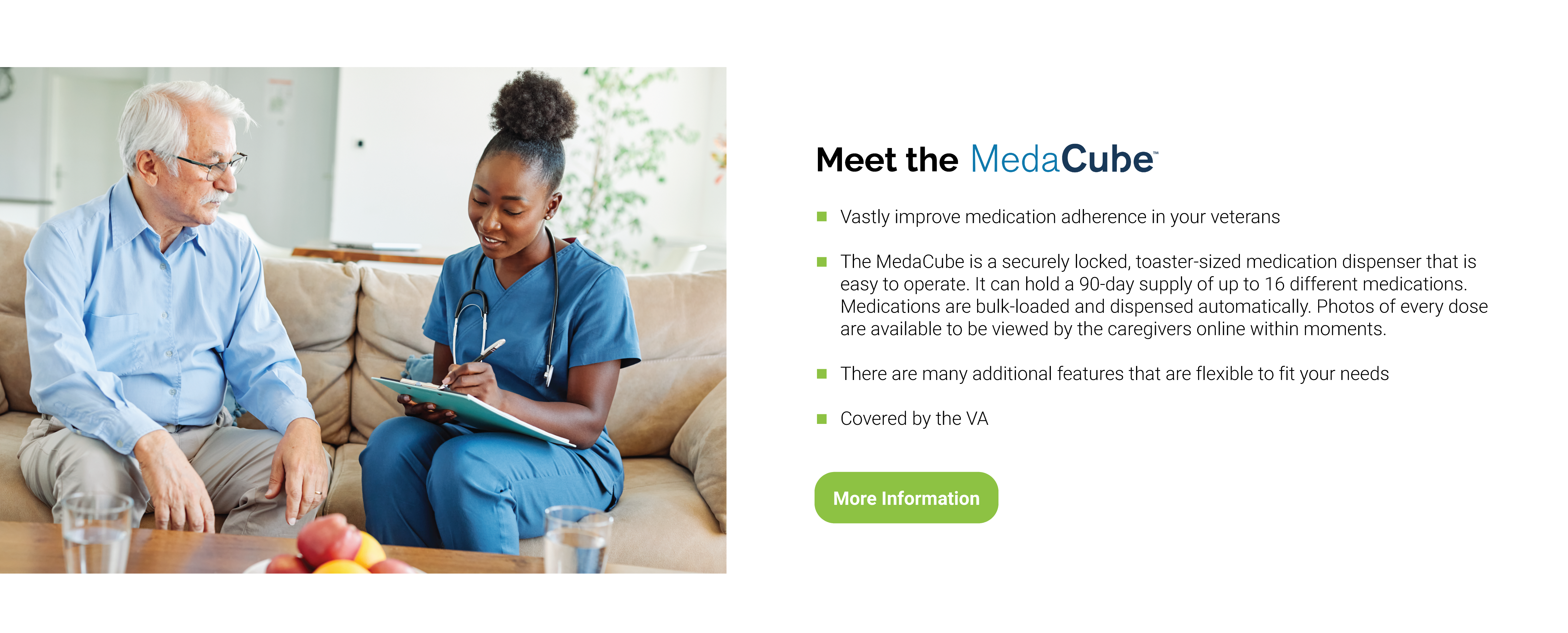 Older veteran consulting with a nurse at home on the couch, discussing medication management with MedaCube.