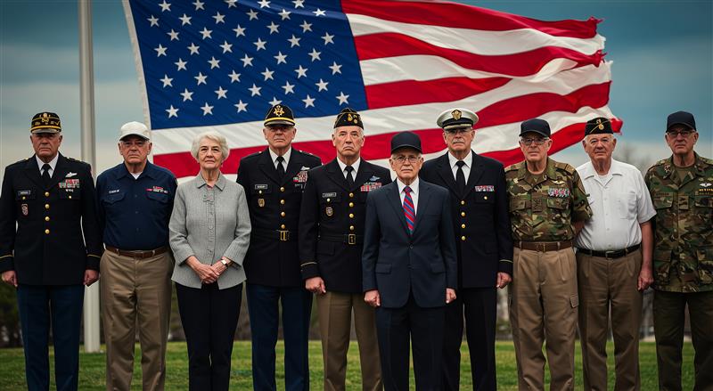 Group of military personnel standing in front of an American flag.