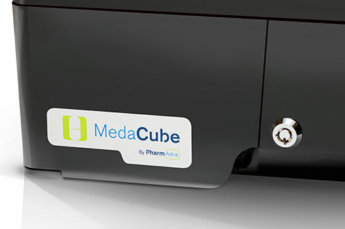 MedaCube resstock bin with barrell lock to keep MedaCube secure.